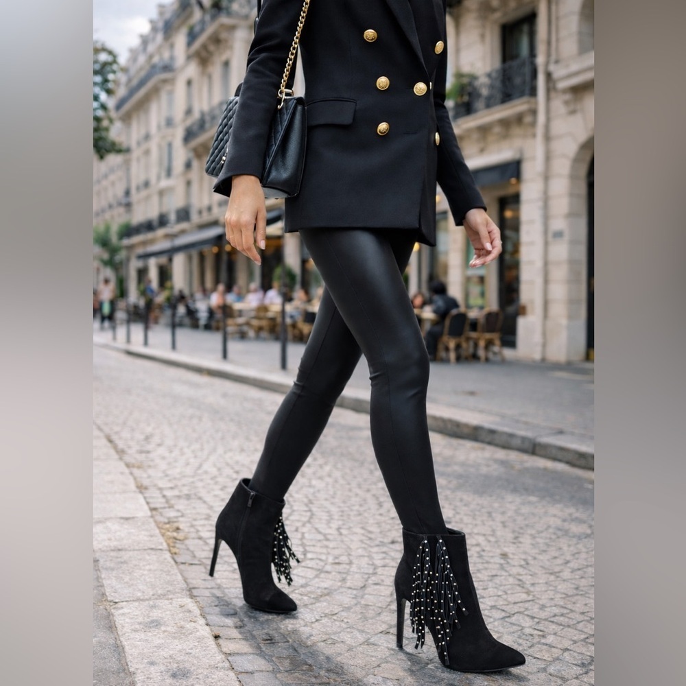 Saint Laurent Black Suede Leather Studded Fringe Trim High Heel Booties EU 39.5 - Picture 2 of 11